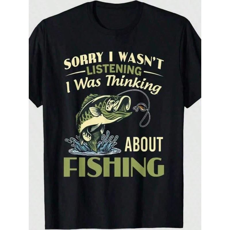 Men's Humorous Fishing Graphic-Shirt | Casual Crew Neck Tee, Washable, All-Season Comfort, Black With White Print, Regular Fit Short Sleeve, Fishing Shirt, Outdoor Leisurewear