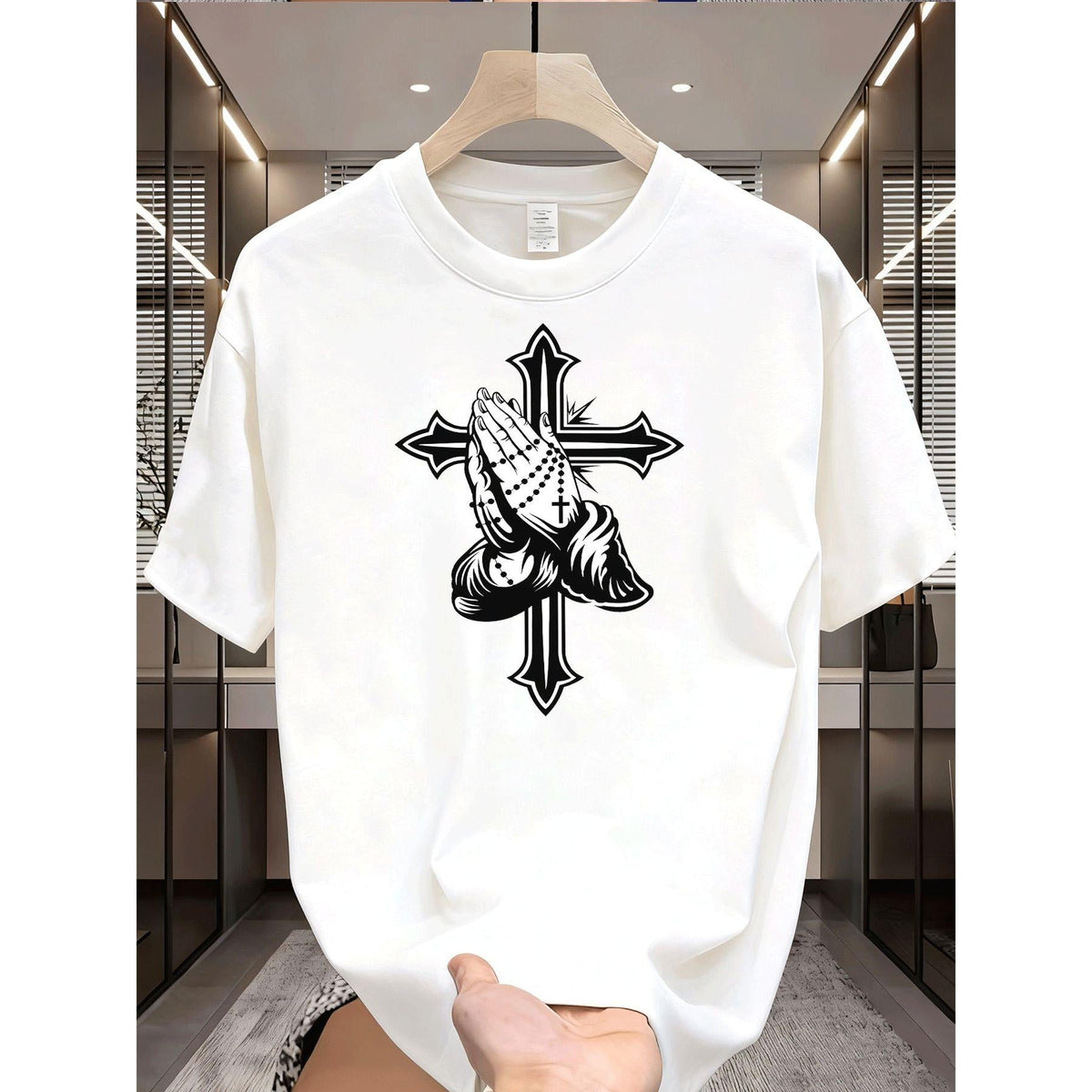 Men'S Casual T-Shirt Praying Hands Cross Graphic Street Style Men Fashion Casual Wear Adults Men
