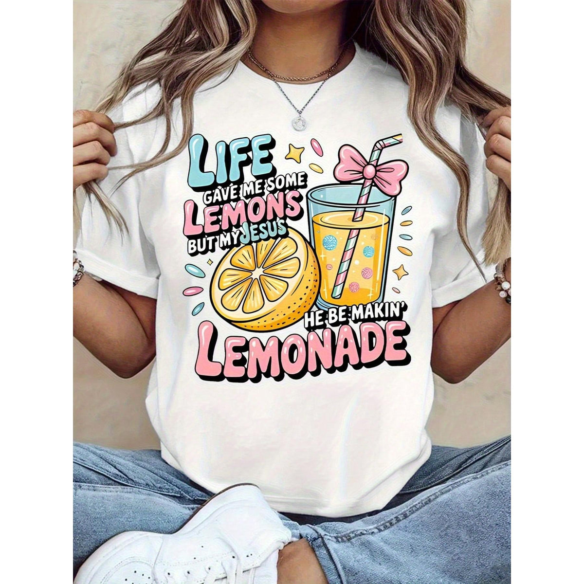 Women's Faith-Based Graphic T-Shirt, Comfortable Shortsleeve Crew Neck Top with Retro Style Lemon "Jesus Makes Lemonade" Slogan, Cotton, Women's Clothes, Regular Sleeve, Casual, Commute Look, Tshirt, All Seasons, Custom Prints, Retro Lemon & Drink Design,