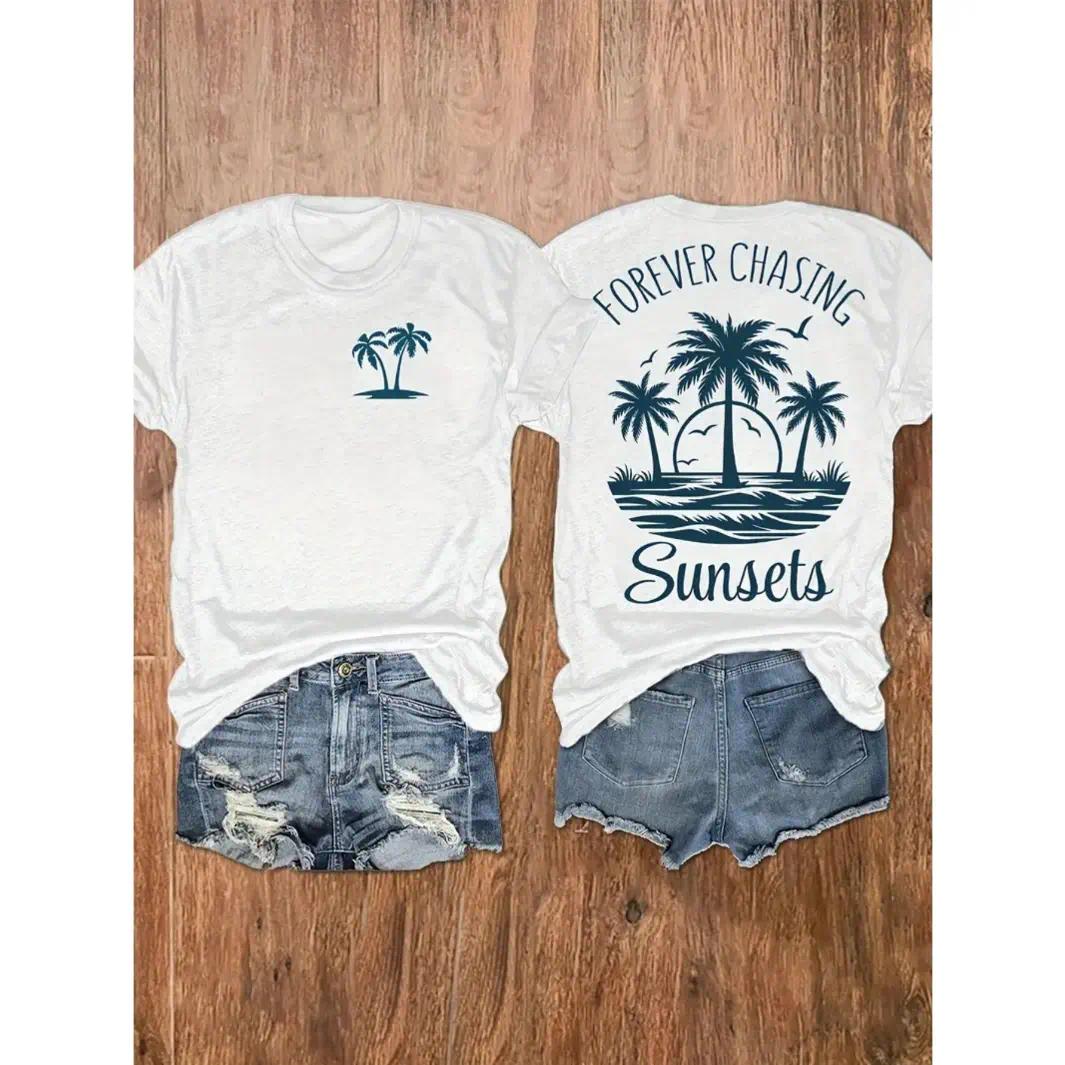 Cotton Short Sleeve Graphic T Shirt Forever Chasing Sunsets Palm Tree Beach Sunset Print Summer Vacation Coastal Casual Tee For Travel Weekend