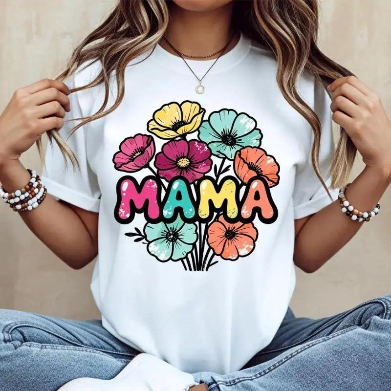 Floral Mama Print T-Shirt, White Crewneck Casual Wear for Women, Mother’s Day Gift, Easter Gifts adult humor funny streetwear graphic tee