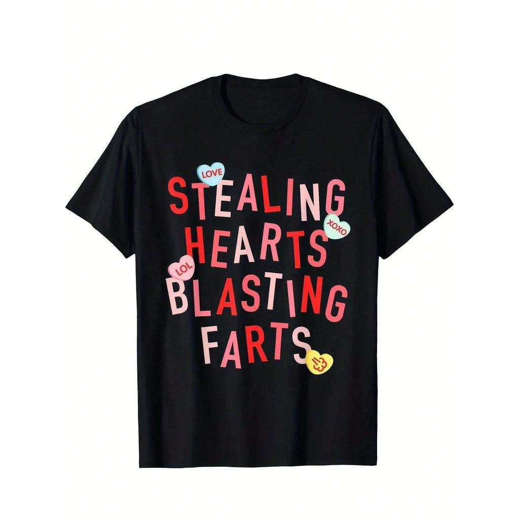 Teenage 'Heartthrob' Valentine's Day T-Shirt - Fun Colorful Letter Cotton T-Shirt, Suitable For Boys And Girls, Short Sleeved, Round Neck, Spring/Summer Wear