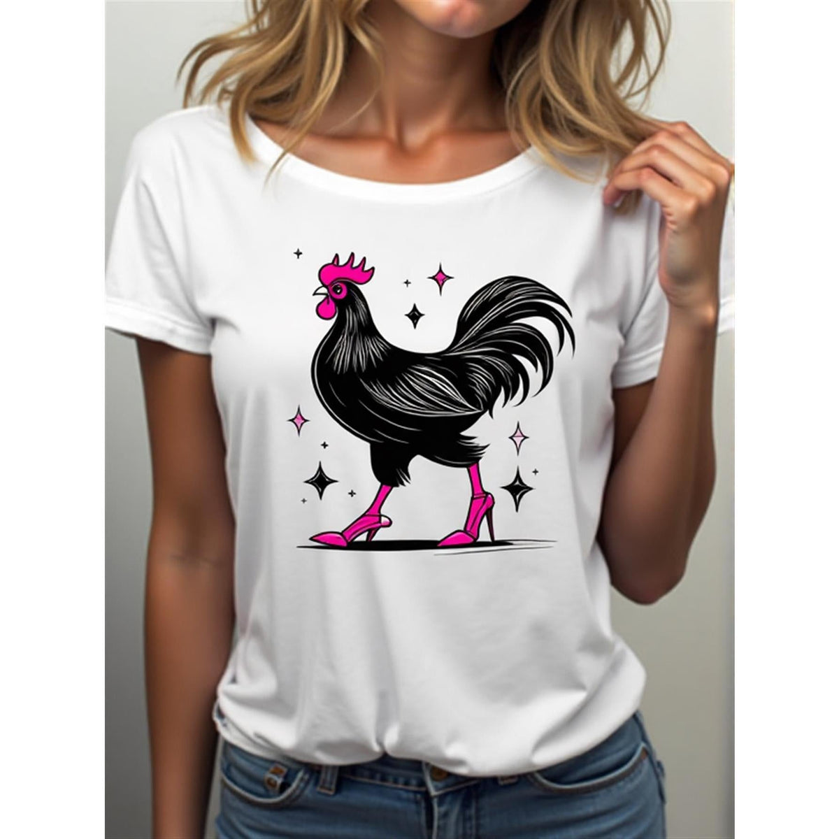 Women'S Funny Rooster & Stars Graphic T-Shirt - Bright Blue Y2K Cartoon Print Loose Fit Tee, Lightweight Breathable Short Sleeve Round Neck Top for Summer, Casual Party & Brunch Outfits, Machine Washable Everyday Shirt with Black & Pink Rooster Desi