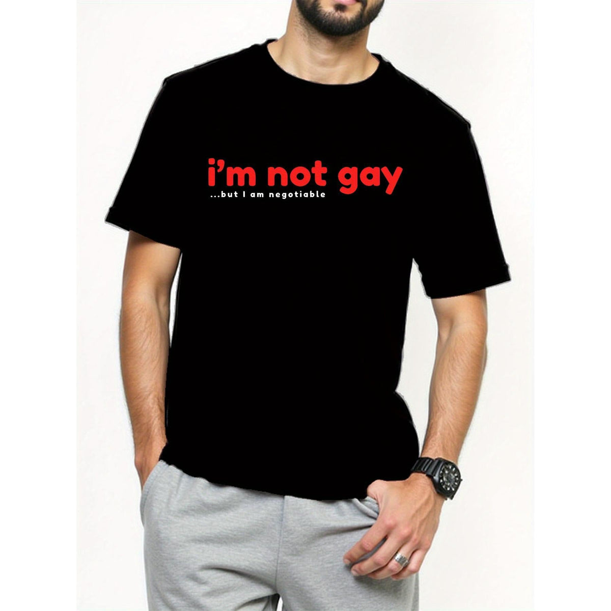 Men'S Casual "I'm Not Gay" Graphic T-Shirt - Short Sleeve, Crew Neck, Summer Tee with Bold Red Lettering, Lightweight Polyester Fabric for Casual Attire & Sports, Everyday Tshirt | Playful Print Tee | Comfortable Fi