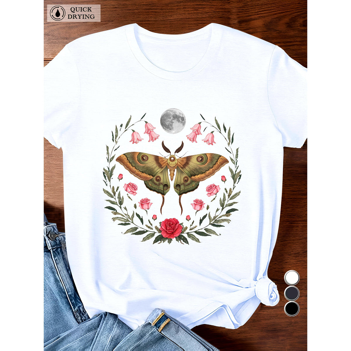 detailed moth under moon Women's Plus Size Sports Short Sleeve T-Shirt