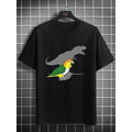 Men's Playful Parrot & Dinosaur Graphic Tee - Casual Round Neck Short Sleeve, Lightweight Polyester Summer Shirt for Camping & Leisure, Leisure Apparel|Humorous Design|Glossy Polyester