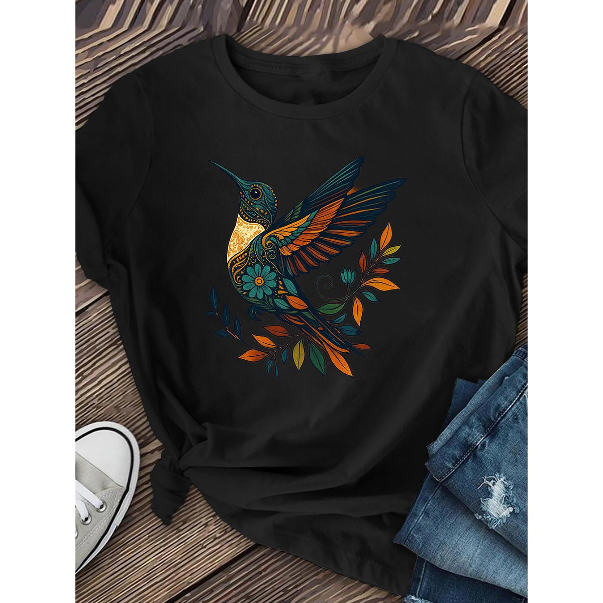 Cute Little Bird Lady Short-sleeved, Casual Short-sleeved T-shirt, Ladies' Clothing, Casual Short-sleeved Round-neck Top for Spring and Summer