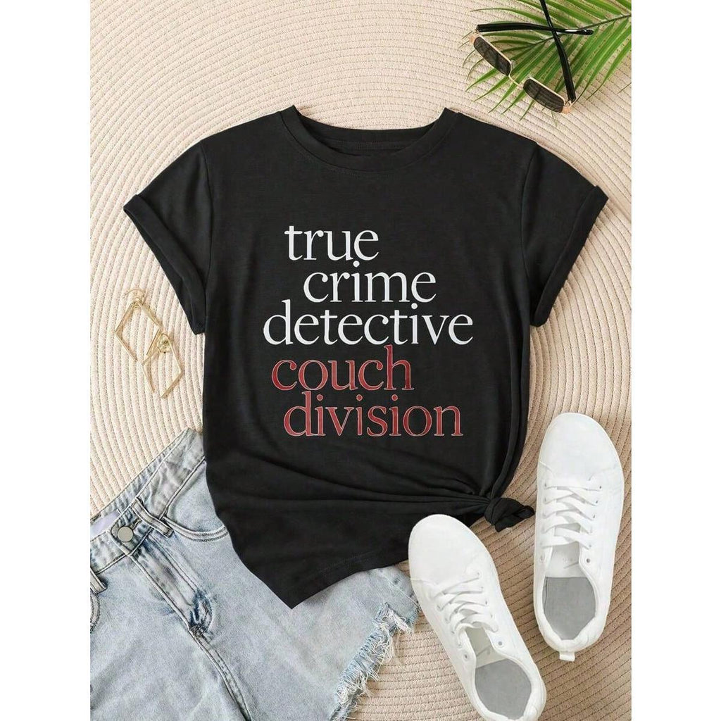True Crime Detective Couch Division Printed T-Shirt | Women's Casual Black Tee | Short Sleeve for All Seasons