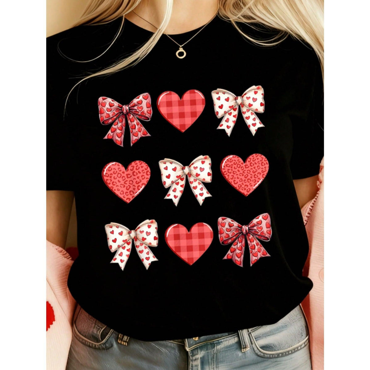 Heart & Bow Print Round Neck Short Sleeve Fashionable Size T-Shirt