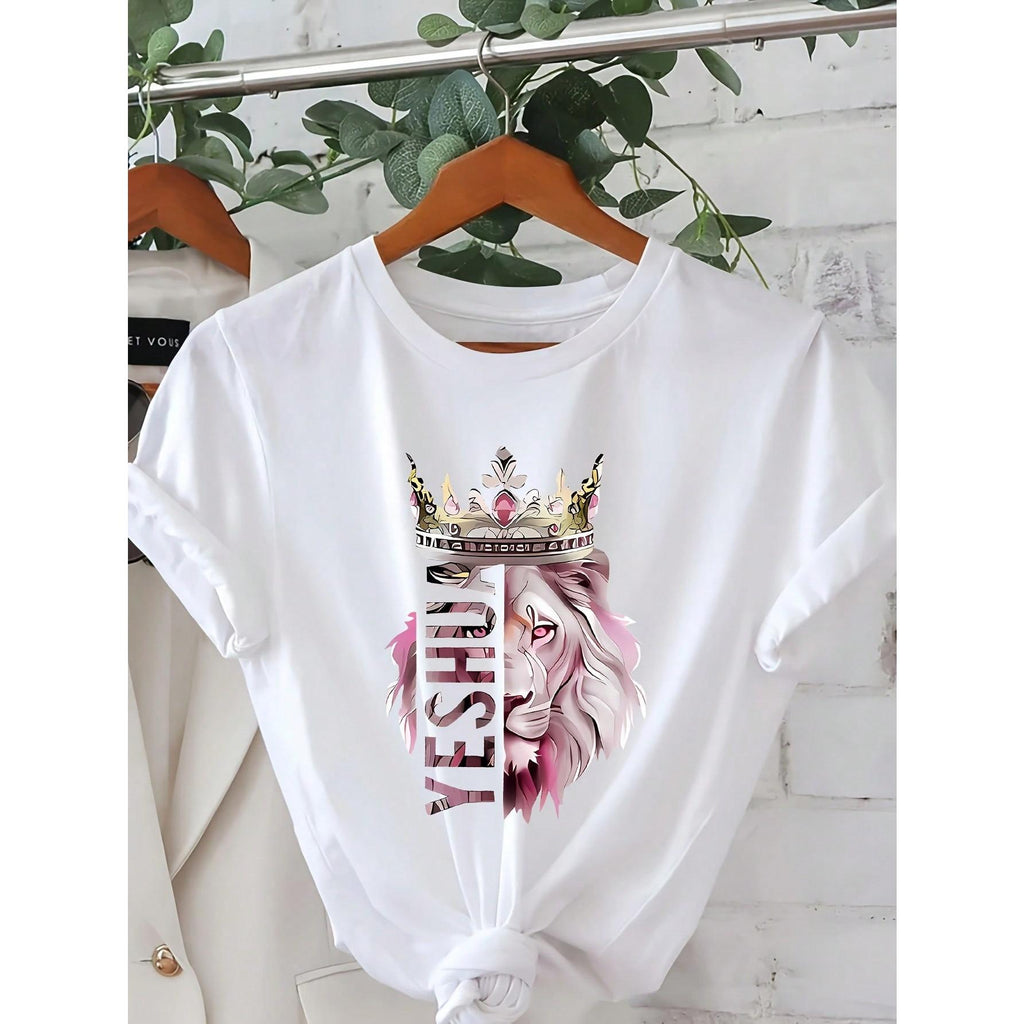 Women's T-Shirt With Lion King Crown And Lioness Pattern -Short Sleeve Round Neck Casual Spring Summer Top, Christian Faith Clothing With  Text
