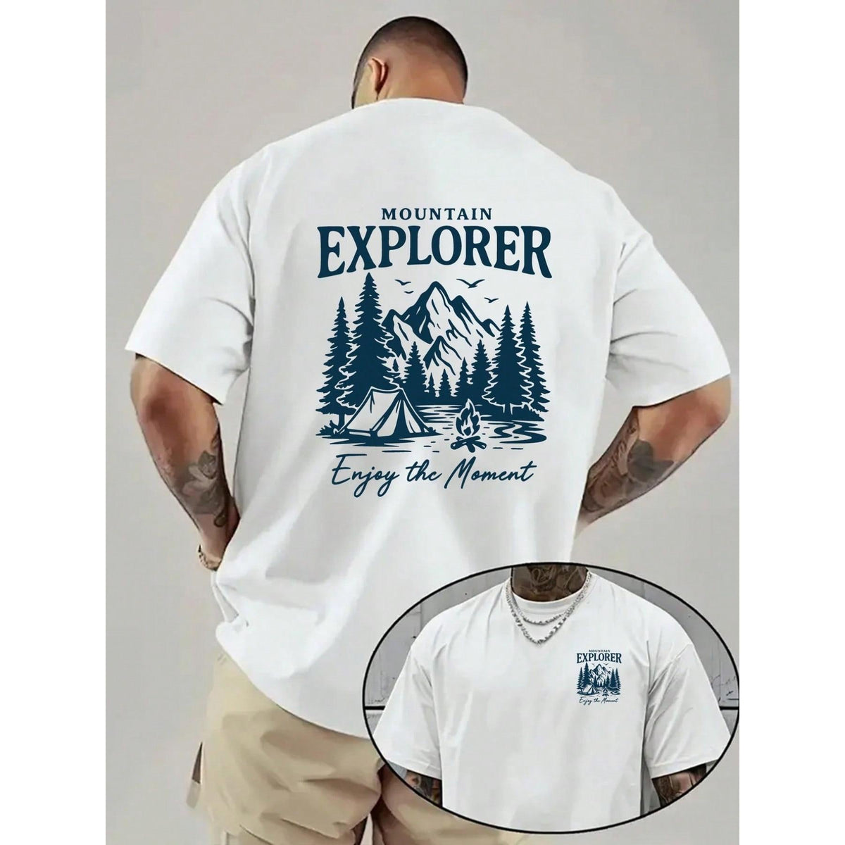 Men'S Mountain Explorer Graphic T-Shirt| White Back Print With Camping And Hiking Design, "Enjoy The Moment" Back Print, Casual Crew Neck