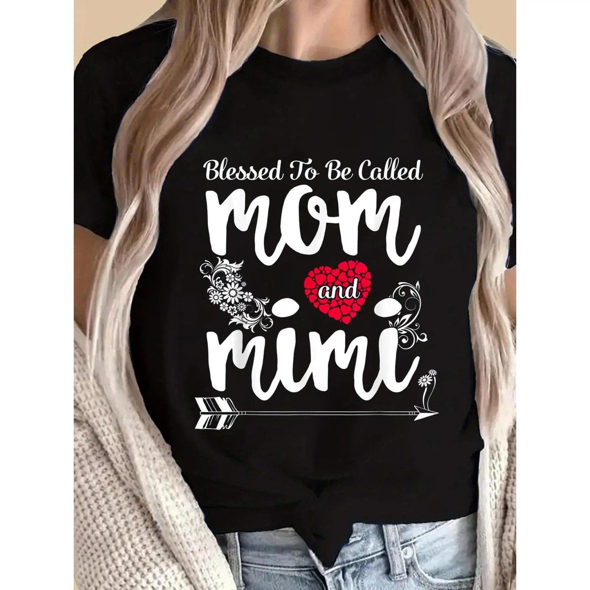 Called Mom & Mimi's Blessing Floral Heart T-Shirt | Ladies Casual Tee | Mother's Day Spring Summer Gift for Mom