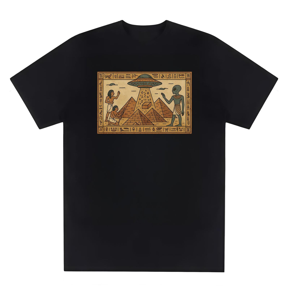Women's Vintage Graphic Cotton T-Shirt with Ancient Alien UFO Pyramid Print, Casual Short Sleeve Top, Shortsleeve, Elegant, Style, Comfortable, Breathable, Crew Neck, Sports, Digital Print, Pull On, Striped, Women's Clothes, Casual Wear, Pure Cotton