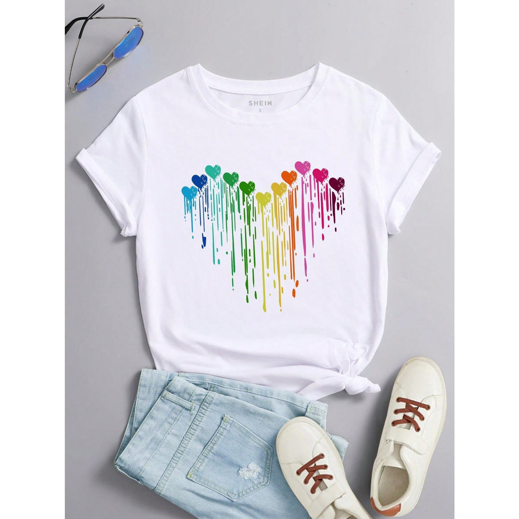 Women's Black Heart Pattern Regular Crew Neck Cotton Short Sleeve Top, Valentine's Day Gift