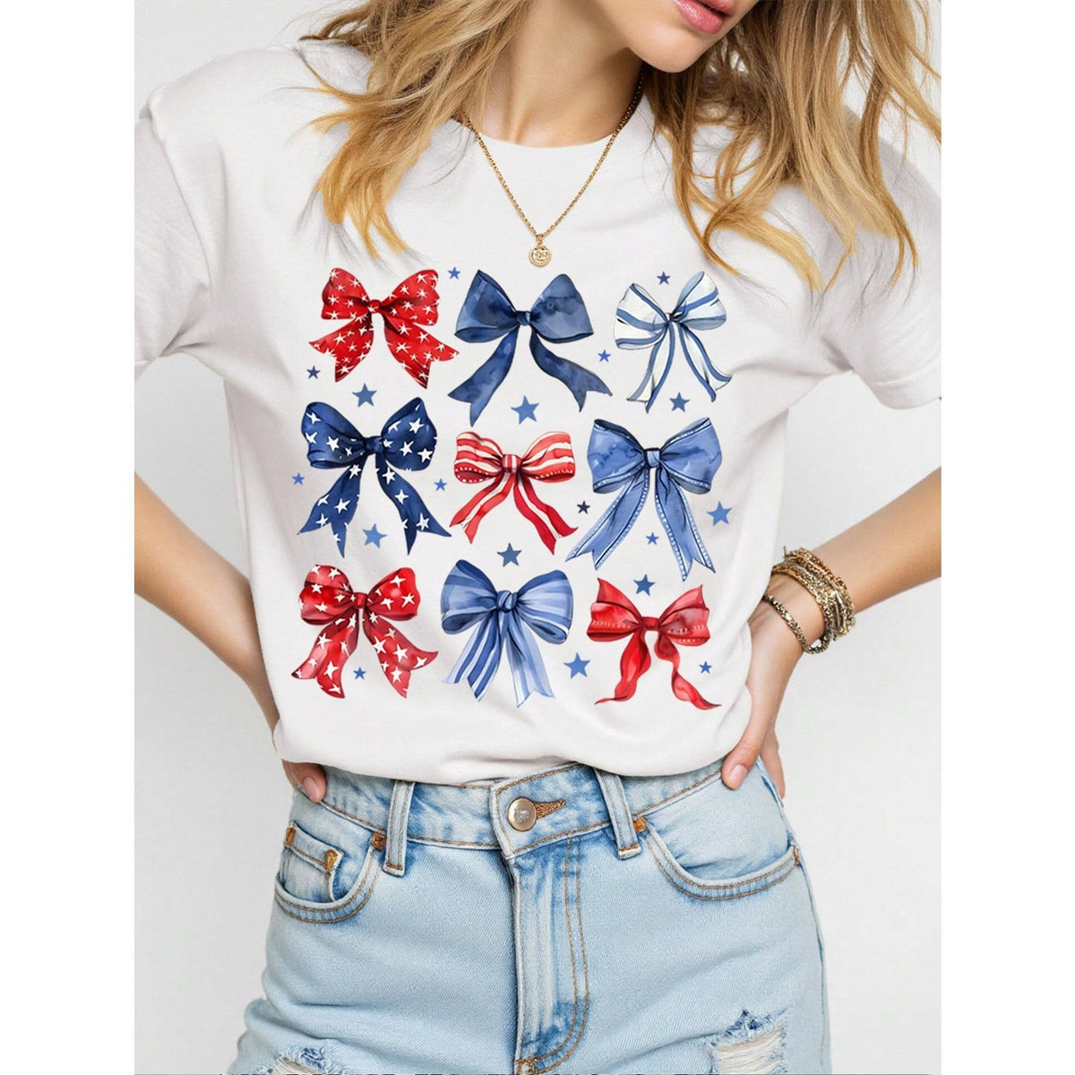 Women's T-Shirt, Comfortable Color, Colorful Bow Decor, Suitable For Independence Day
