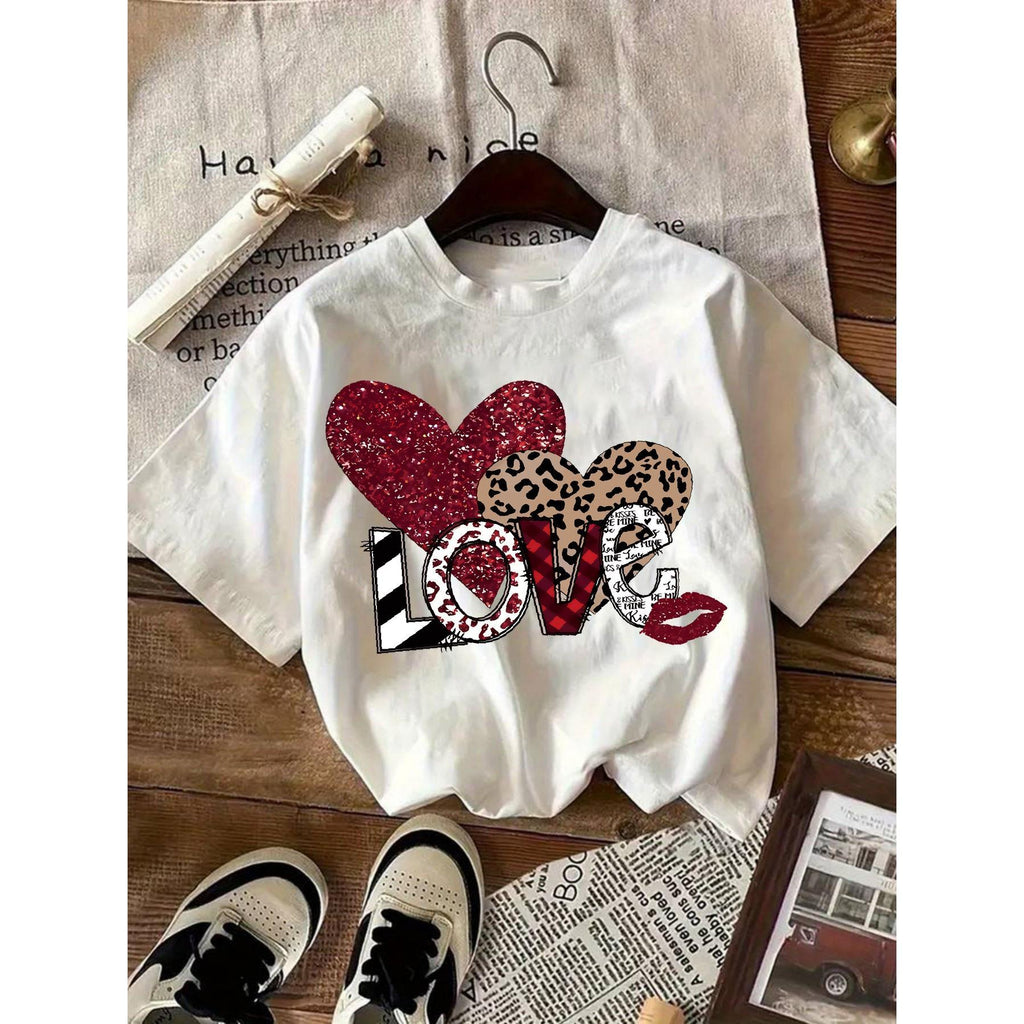 Women's Valentine's Day Heart Print T-Shirt  Short Sleeve Round Neck Casual Elegant Top with Heart & Love Symbol Design