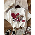 Women's Valentine's Day Heart Print T-Shirt  Short Sleeve Round Neck Casual Elegant Top with Heart & Love Symbol Design