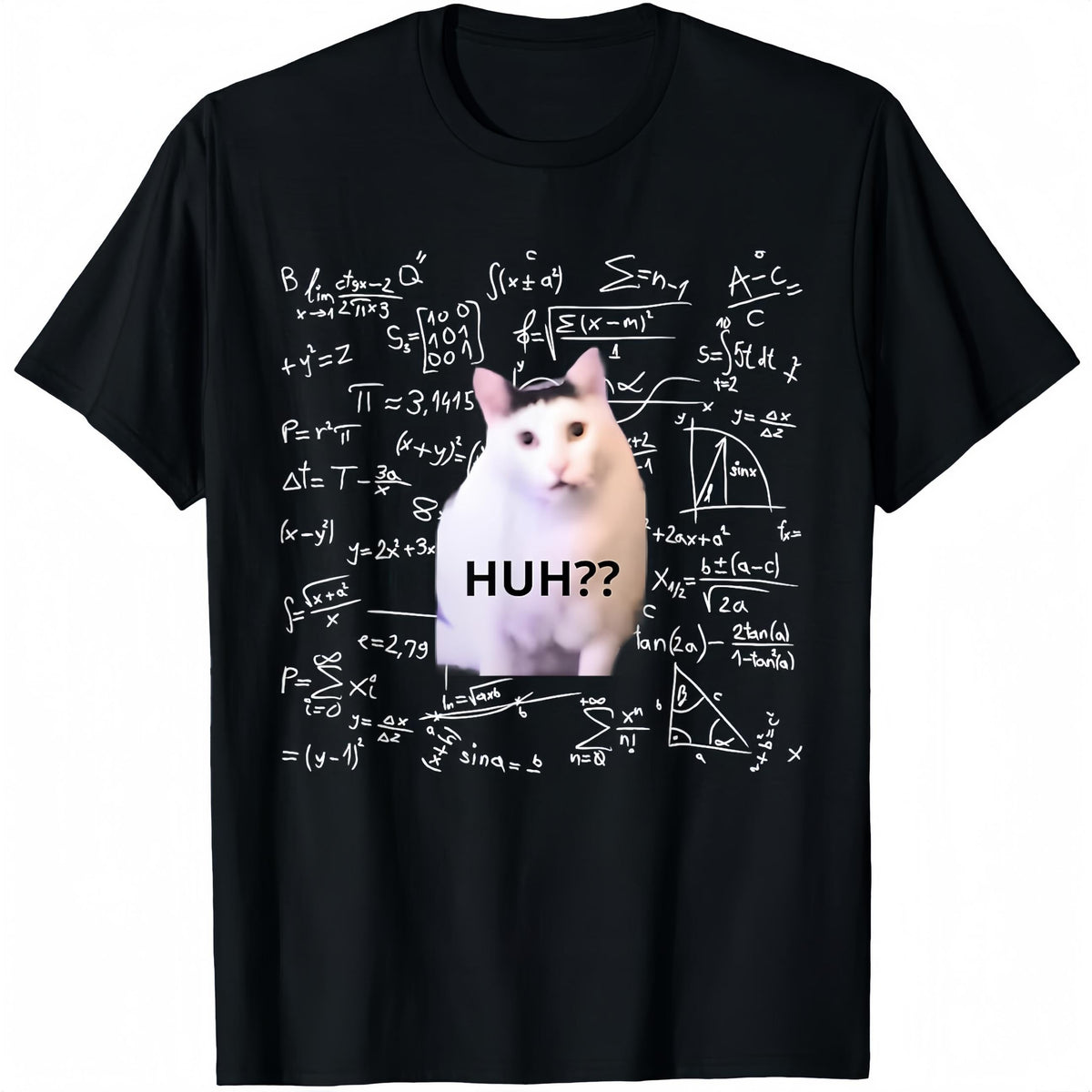 Women's Cotton Round Neck Short-Sleeve Casual Natural Fit Funny Huh Cat Math Meme Print Black T-Shirt, Women's Casual Wear Top, Shortsleeve, Tshirt, Funny Print, Comfortable, Style, Clothes, Lady, Pure Cotton, T-Shirt Top, Crew Neck, Breathable, Elegant,,