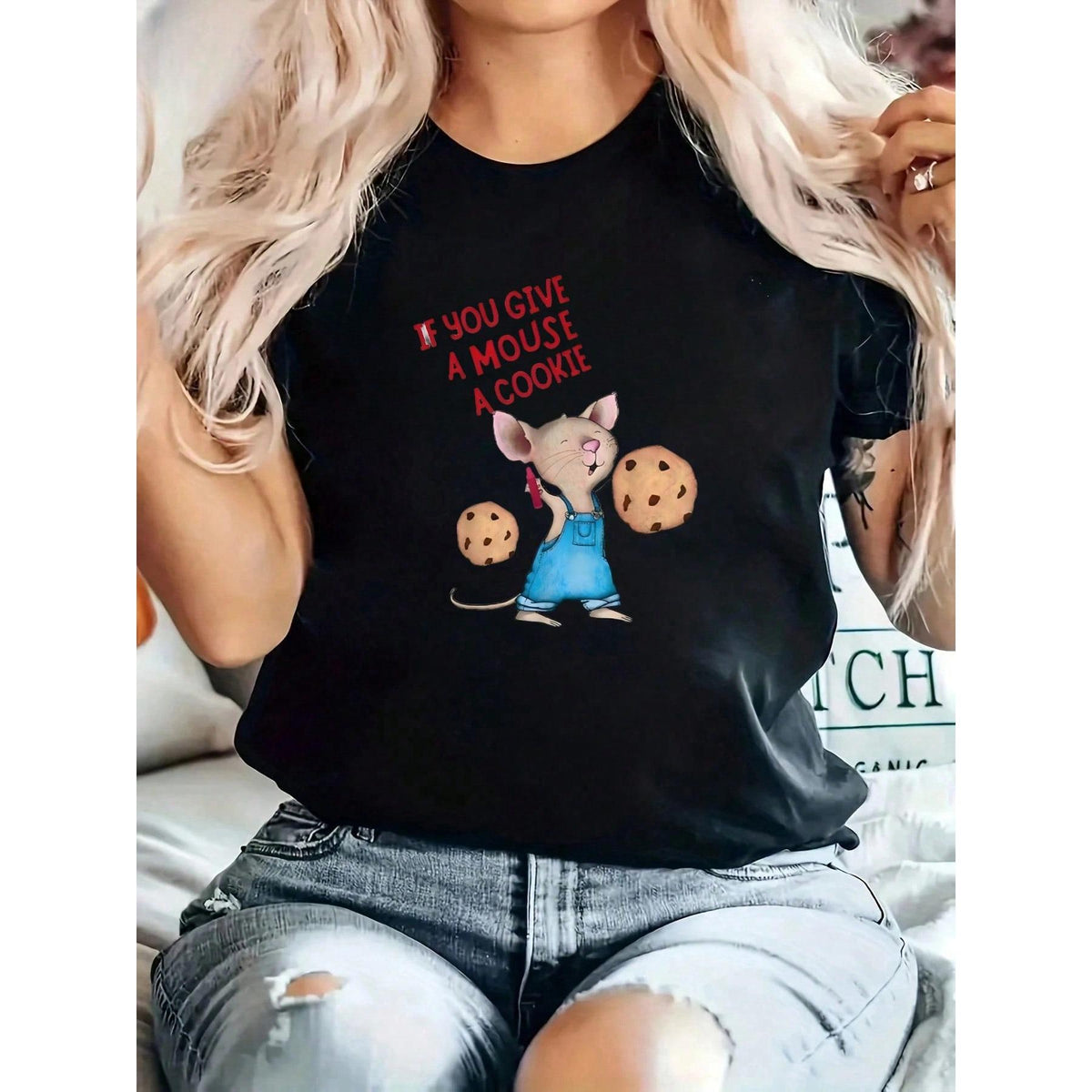 Happy Valentine'S Day Women's If You Give A Mouse A Cookie T-Shirt, Women's 220g Round Neck Casual Heavy Pure Cotton T-Shirt (1 PC)