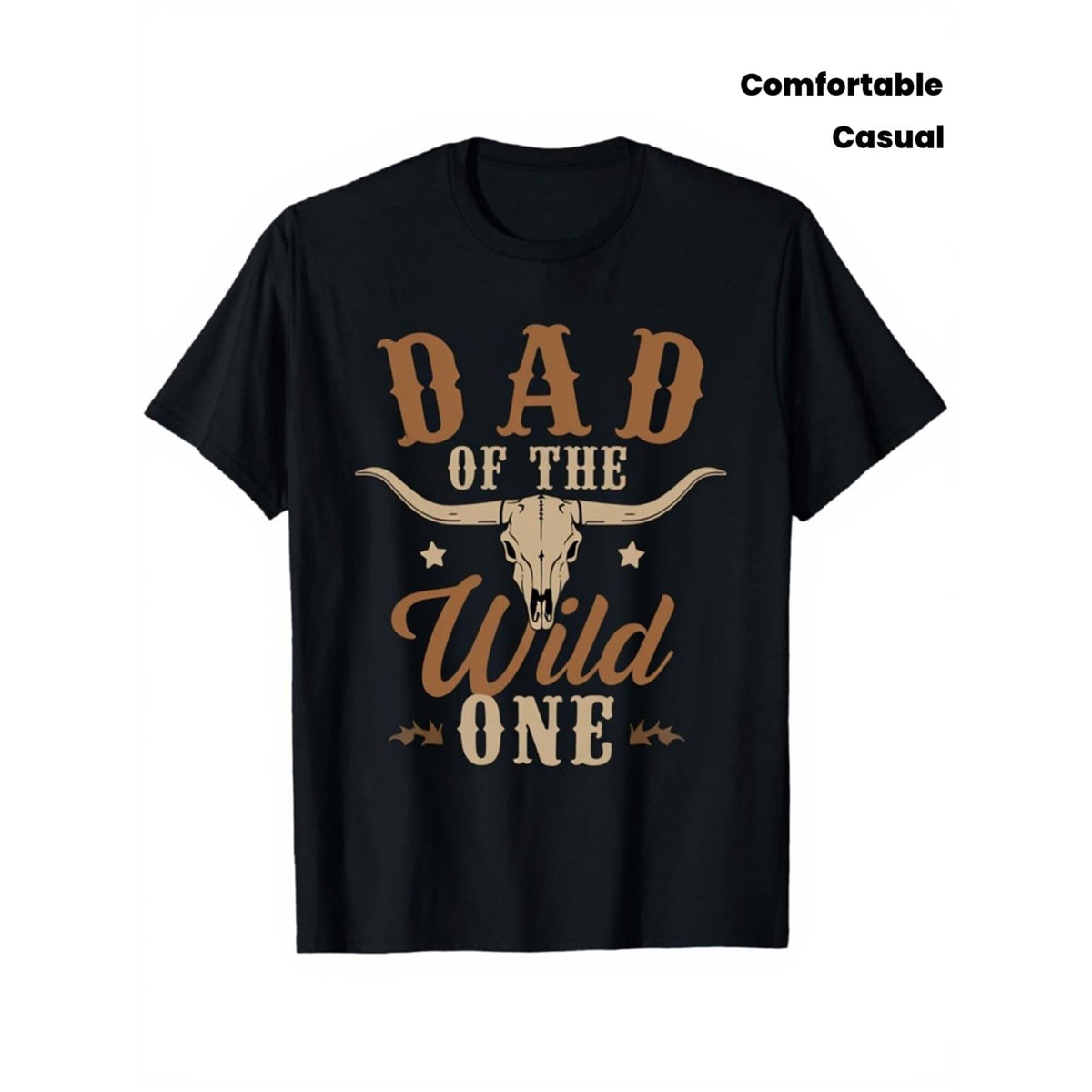 Men's 'Wild No. 1' Dad Graphic T-Shirt - 2D Western Cowboy Bull Skull & Bold Letters Top, Round-Neck Short-Sleeve Athletic Sportswear with Comfortable Fabric for Casual Wear