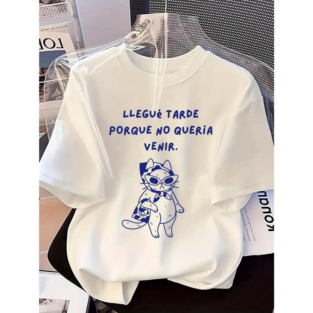 2026 Spring New Spanish Stylish Cat Print Casual Crew Neck Short Sleeve T-Shirt White