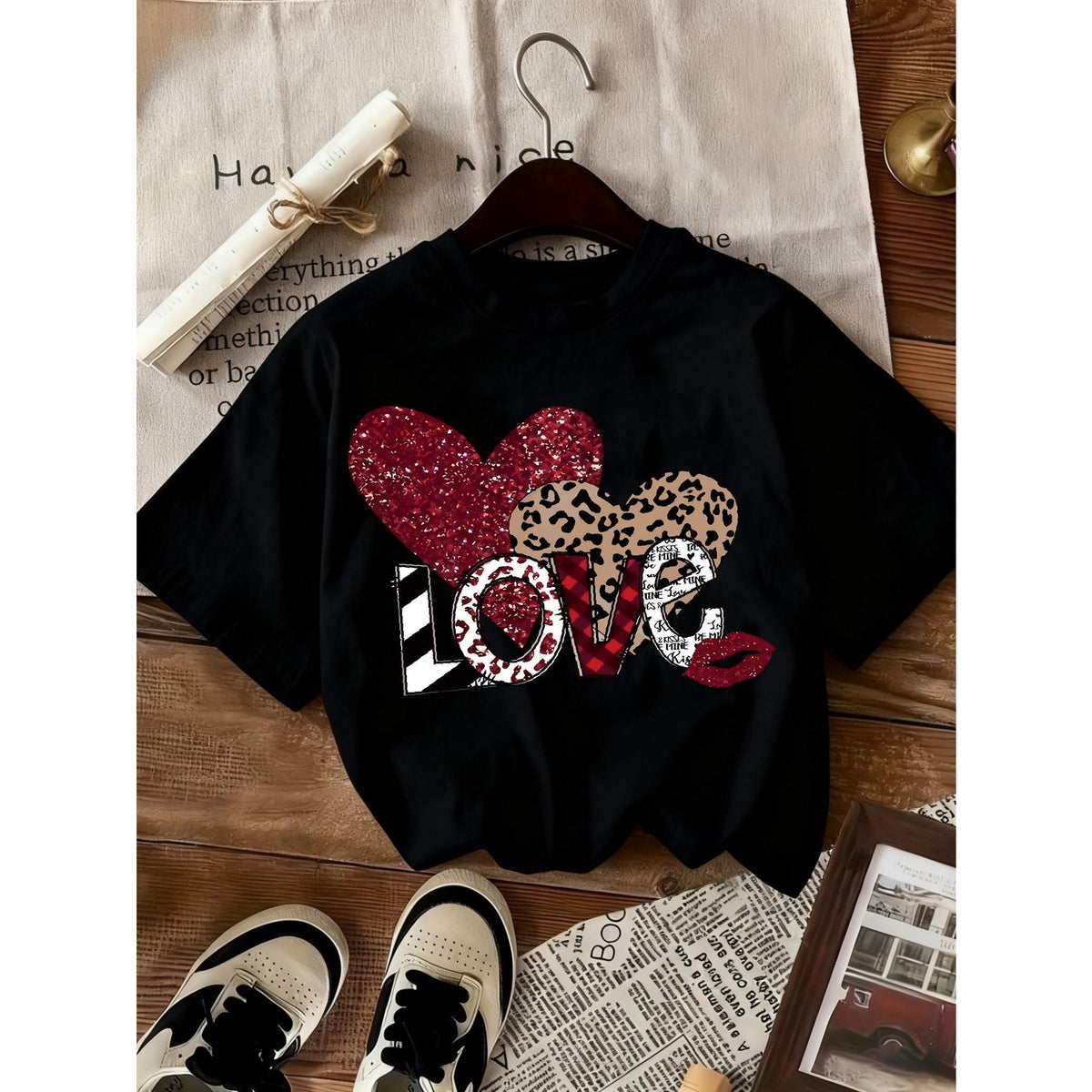 Women's Valentine's Day Heart Print T-Shirt  Short Sleeve Round Neck Casual Elegant Top with Heart & Love Symbol Design