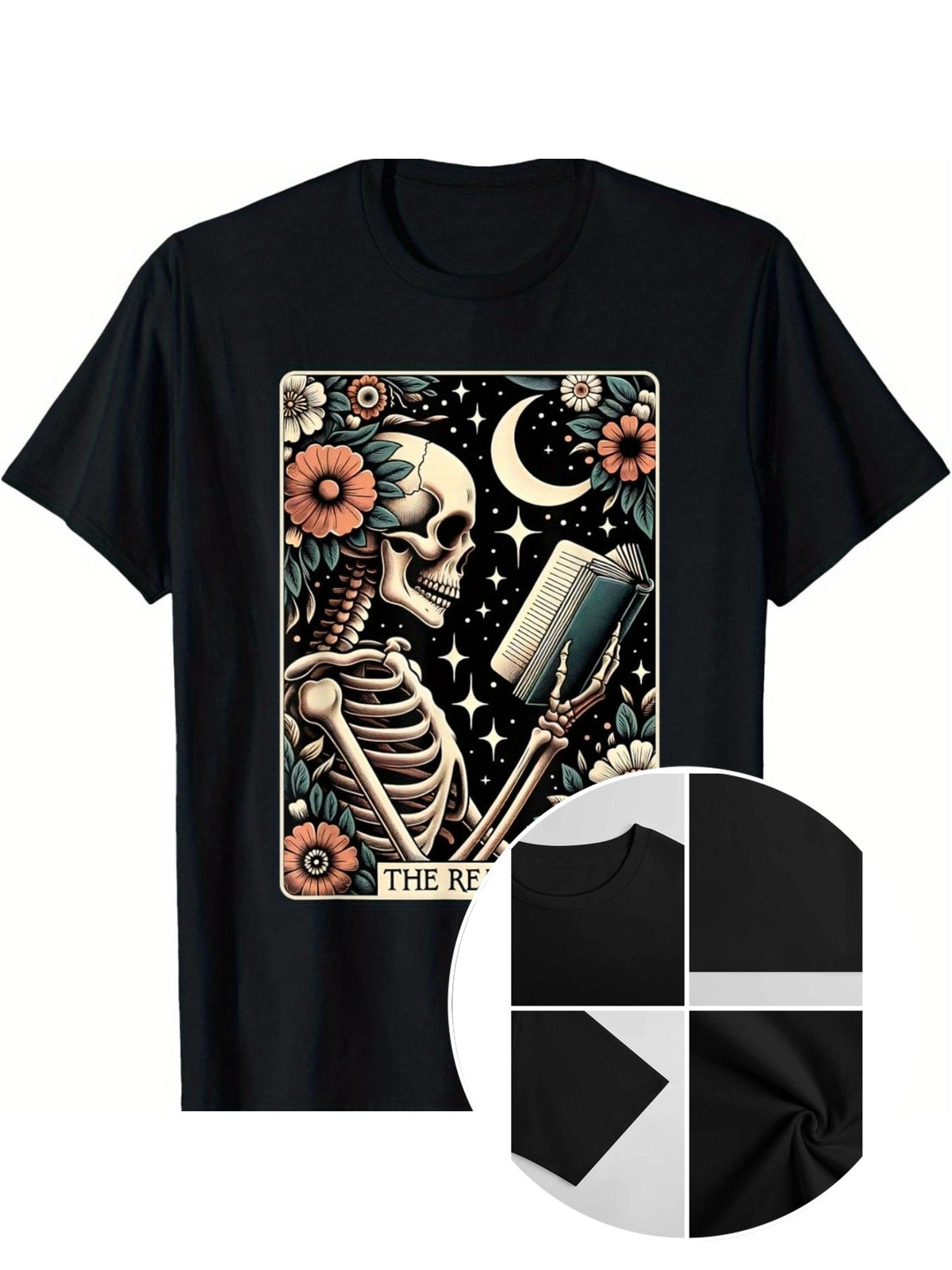 Unisex Retro The Reader Tarot Card T-Shirt, Skeleton Bookish Graphic Short Sleeve Crew Neck Tee, Floral Moon Casual Fall Halloween Top