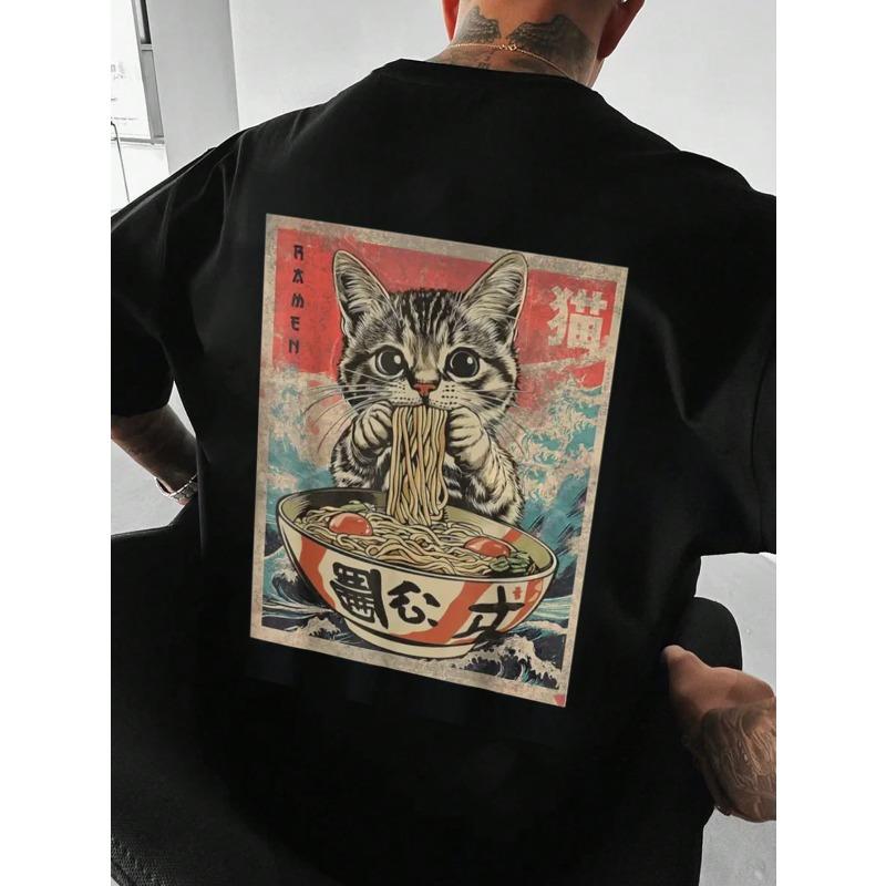 A Men'S Short-Sleeve T-Shirt Featuring a Cute Cat Design, with a Loose Fit, Stylish Casual Round Neck, Suitable for Outdoor Wear in Spring And Summer