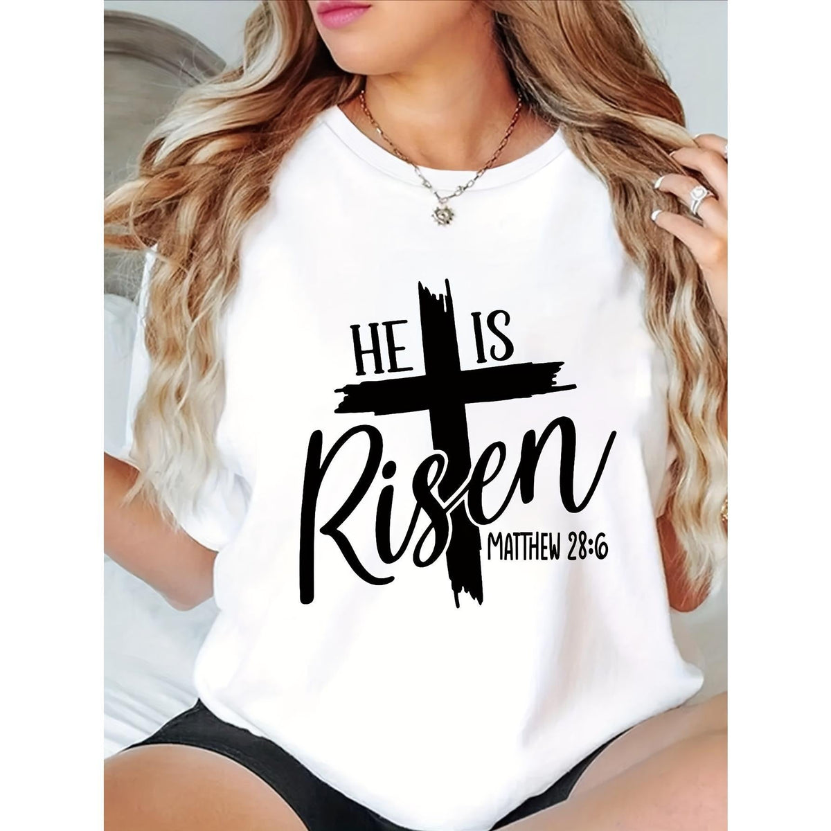 Women'S Casual Black T-Shirt with "He Is Risen" Christian Graphic - Soft Polyester Blend, Round Neck, Short Sleeve, Spring & Summer Top, Allseason Top|Religious Statement Shirt|Comfortable Fit
