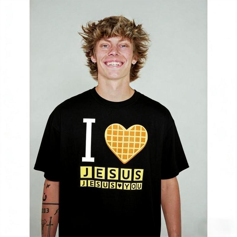 I Love Jesus Jesus Love You Waffle Shirt, Bryce Crawford Merch, Christian Apparel Graphic Tee, Funny Christian Breakfast T-shirt, Unisex Casual 100% Cotton  Inspirational Quote TShirt, TikTok Viral Unisex Comfort Colors rock