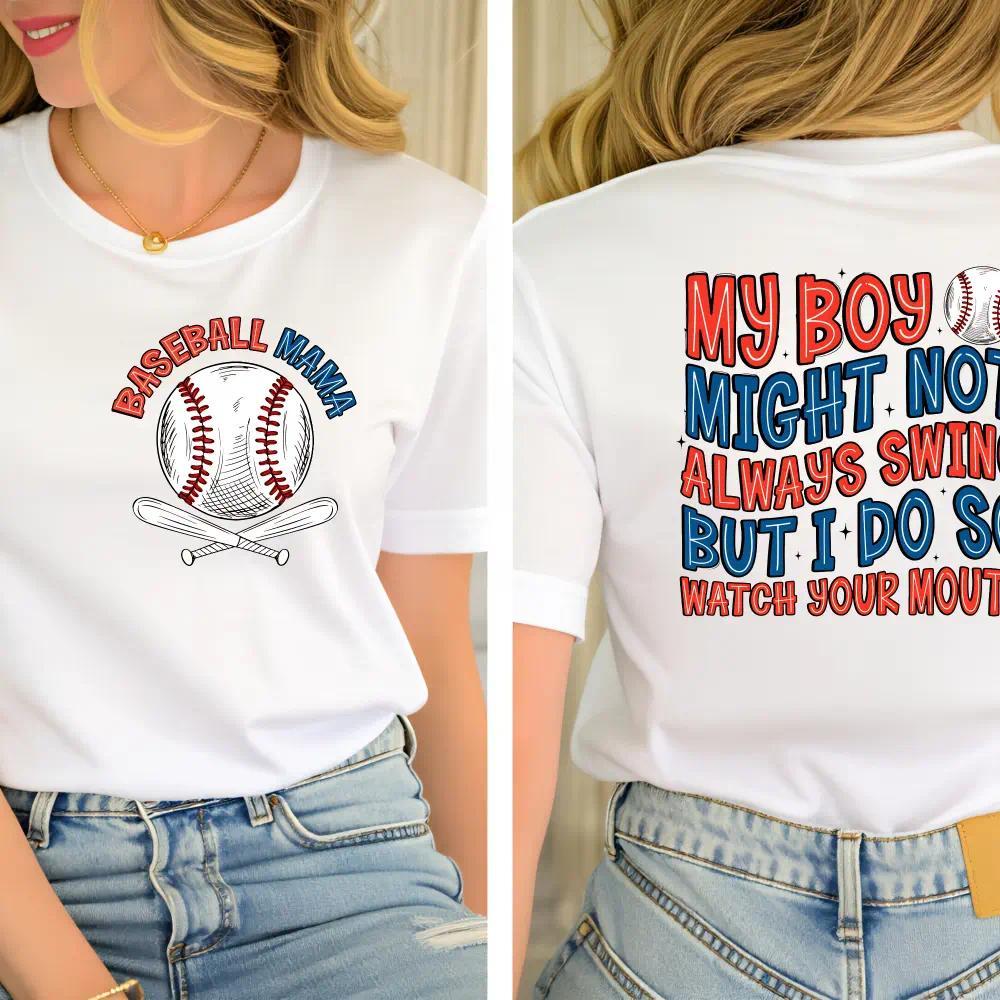 “My Boy Might Not Always Swing” Baseball Mom T-Shirt | Funny Sports Mama Tee | 100% Cotton Crew Neck | Mother’s Day Gift for Baseball Mom