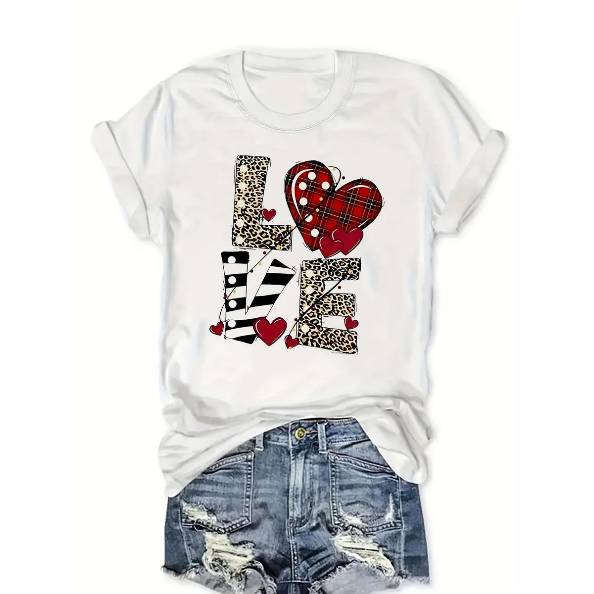 Fashionable Plus Size Women's Spotted Striped Love Valentine's Day Targeted Print Short Sleeve T-shirt