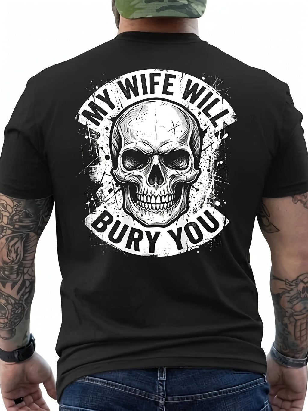 Men's My Wife Will Bury You Skull Graphic T-Shirt, Back Print Biker Short Sleeve Crew Neck Tee, Funny Halloween Casual Top