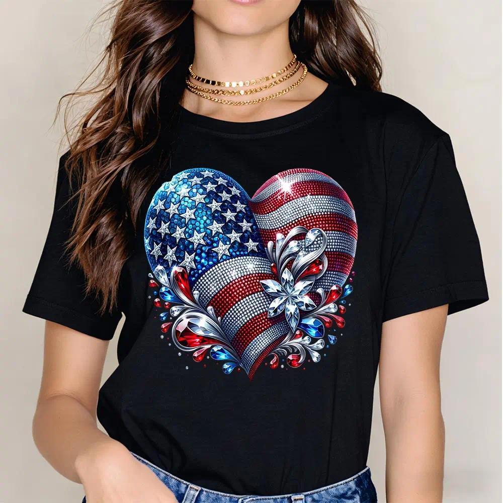 American Flag Heart Design Cotton Casual Crew Neck Short Sleeve Regular Sleeve Summer T-Shirt Machine Washable Not Dry Clean Made In USA