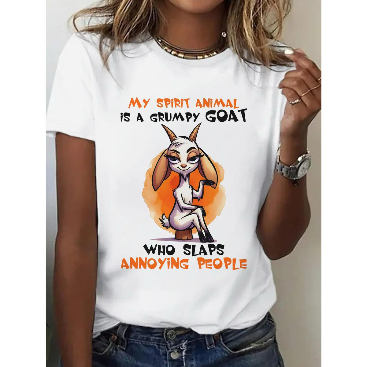 Women's Funny Grumpy Goat Graphic Tee - "My Spirit Animal Is a Grumpy Goat Who Slaps Annoying People" - Soft Medium Stretch Everyday Shirt - Lightweight Summer Top with White Background - Machine Washable Casual Outfit for Women - Funny Sarcastic Gift