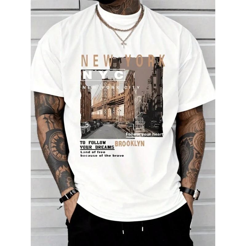 Men's Casual Cotton Streetwear, New York Brooklyn Street View, High-Quality Clothing, Fashionable T-Shirts Printed T-Shirts, Western Style, Black Printed T-Shirts.