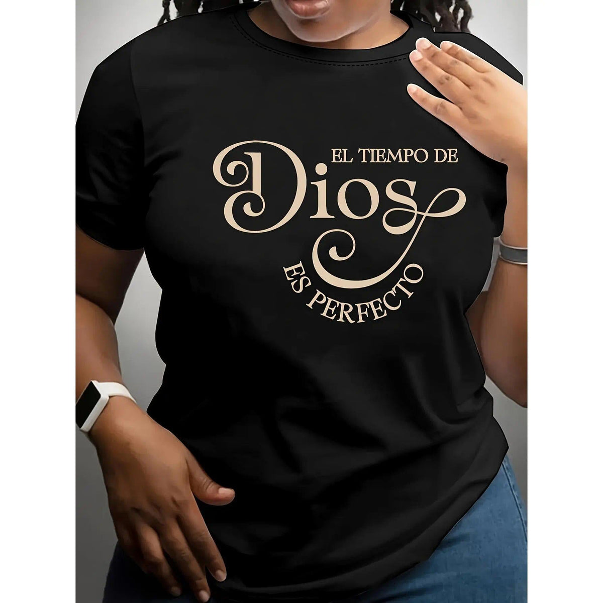 Women's Soft Short Sleeve T-Shirt - "El Tiempo De Dios Es Perfecto" Print, Black, Comfortable & Stylish Pullover for Spring/Summer
