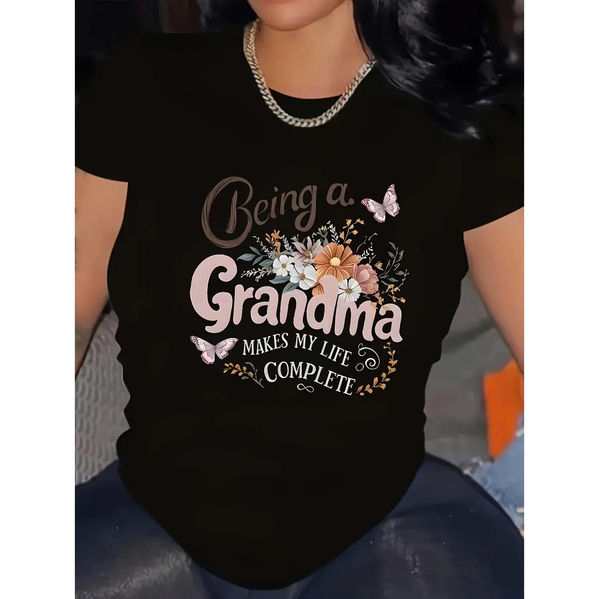 Cotton Grandma Tee Comfortable Womens Being a Grandma Floral Print TShirt Elegant Black Casual Tee with Pink White Flowers Machine Washable Perfect for SpringSummerFall