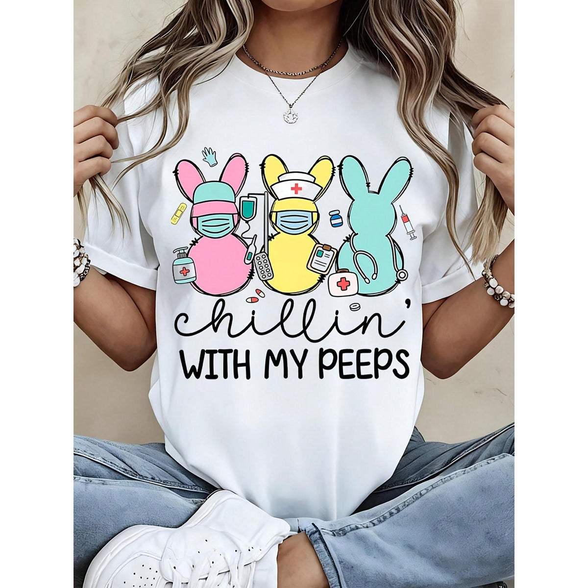 Chillin With My  Easter Nurse Bunny T Shirt Funny Medical Easter Gift For Nurses Healthcare Workers