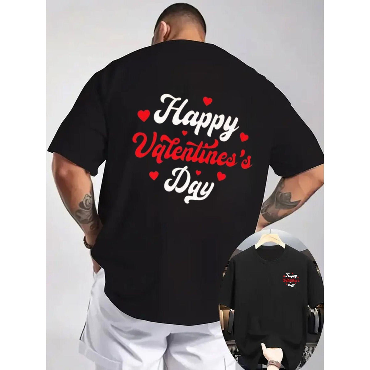 Men'S Happy Valentine'S Day T-Shirt, Featuring a Black Crew Neck Made of, Adorned with Red Hearts And White Lettering. This Casual Tee Is Tattoo-Friendly And Makes an Ideal Gift for Couples, Suitable for Parties And Dates