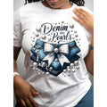 Denim and Pearl Print Short-sleeve T-shirt | Comfortable Breathable Soft Fabric, All-season Basic Style, Women'S Casual Top, Machine Washable, Durable, Essential for Going Out