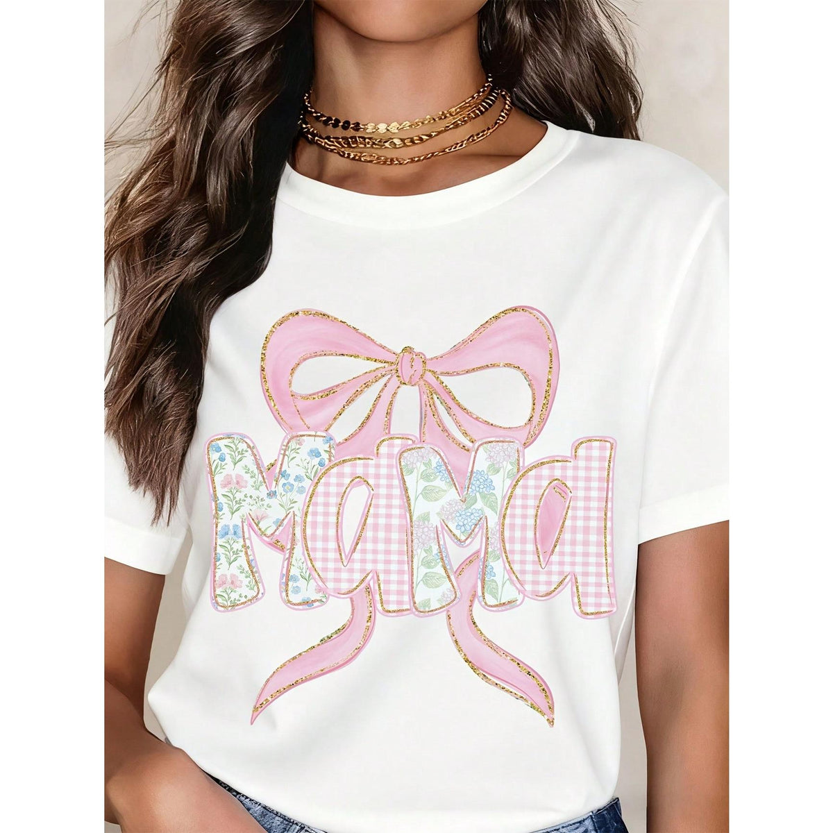 Mother's Day Mama Bow T-Shirt Pink Floral Design Women's Casual Top Gift For Mom