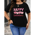 Plus Size, Plus-size T-shirt, Happy Valentine's Day Heart Print T-shirt, Black Crewneck Short-sleeve Printed T-shirt - Machine Washable, Suitable for Holiday Parties, Casual Outings, Friend Gatherings, Festive Attire, Holiday Gift