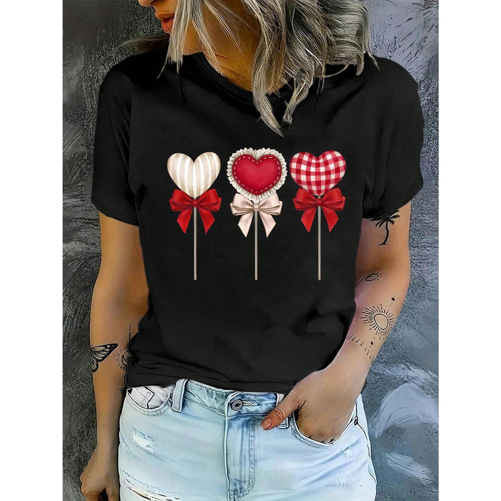 Women Casual T-Shirt, Comic Heart Pattern For Valentine's Day