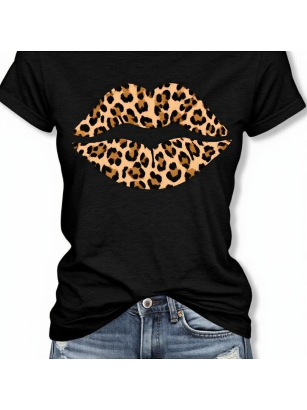 Womens Leopard Lips Print T-Shirt, Round Neck Short Sleeve Casual Summer Top, Soft Stretchy Trendy Graphic Statement Tee