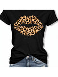 Womens Leopard Lips Print T-Shirt, Round Neck Short Sleeve Casual Summer Top, Soft Stretchy Trendy Graphic Statement Tee