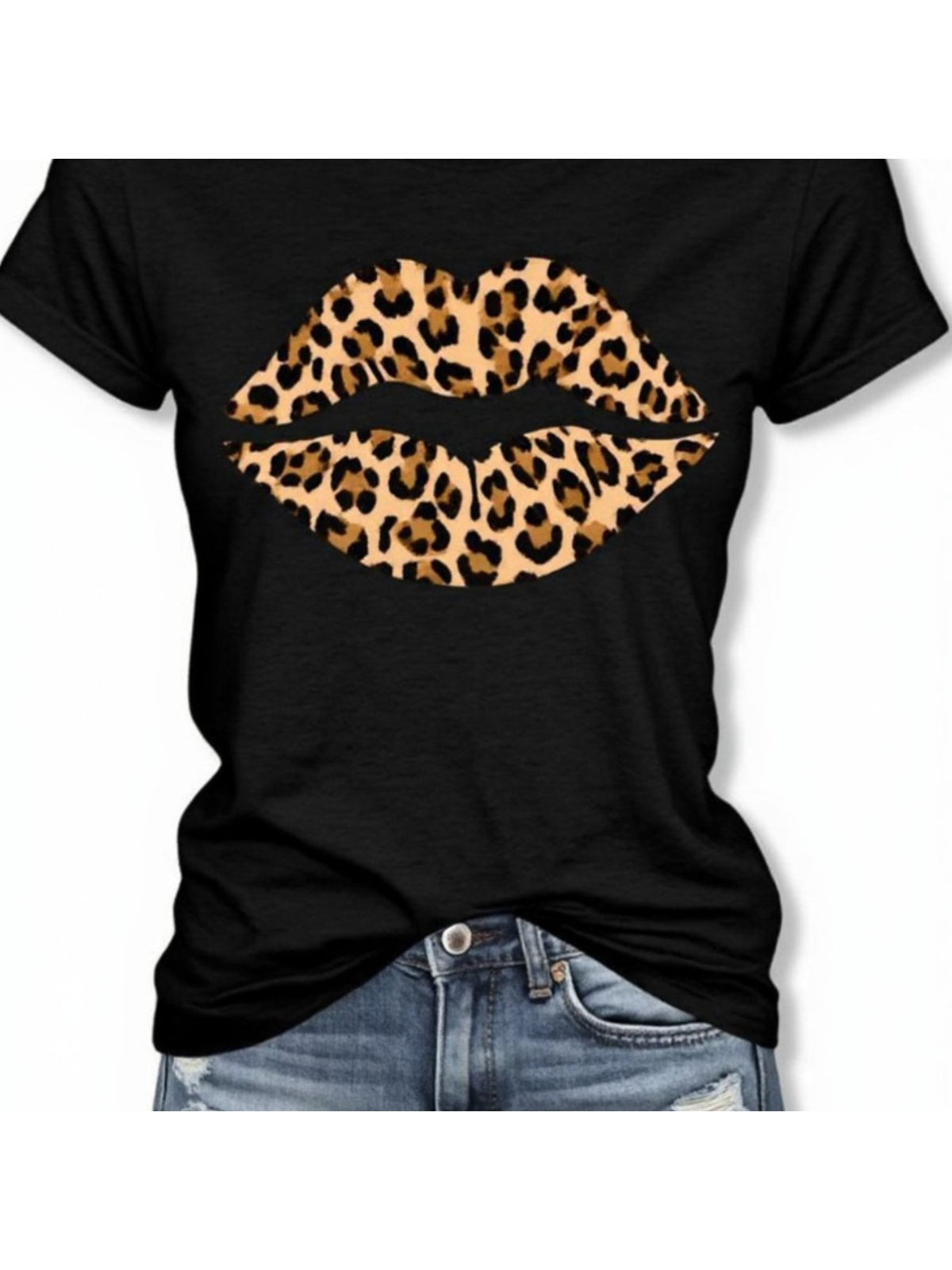 Womens Leopard Lips Print T-Shirt, Round Neck Short Sleeve Casual Summer Top, Soft Stretchy Trendy Graphic Statement Tee