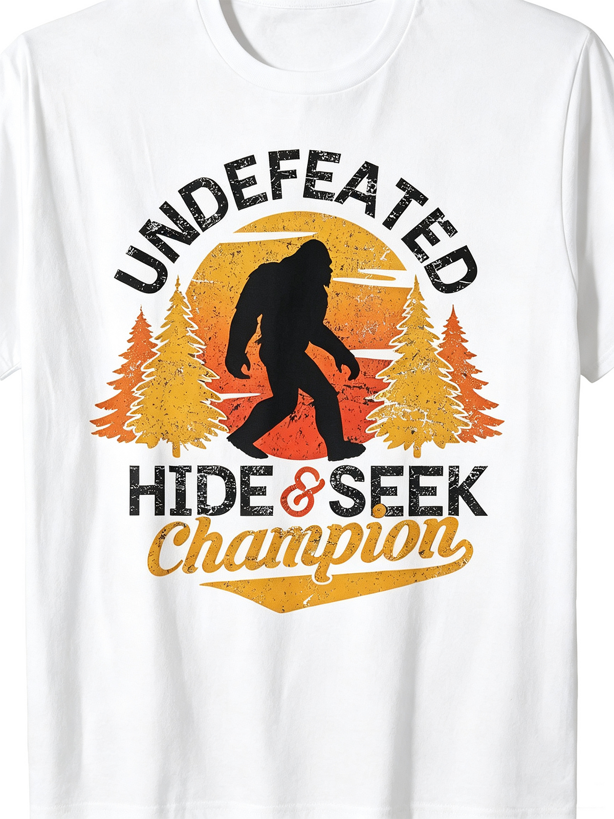 Vintage Bigfoot Hide and Seek Champion Graphic T‑Shirt, Retro Distressed Short Sleeve Crewneck Tee for Men
