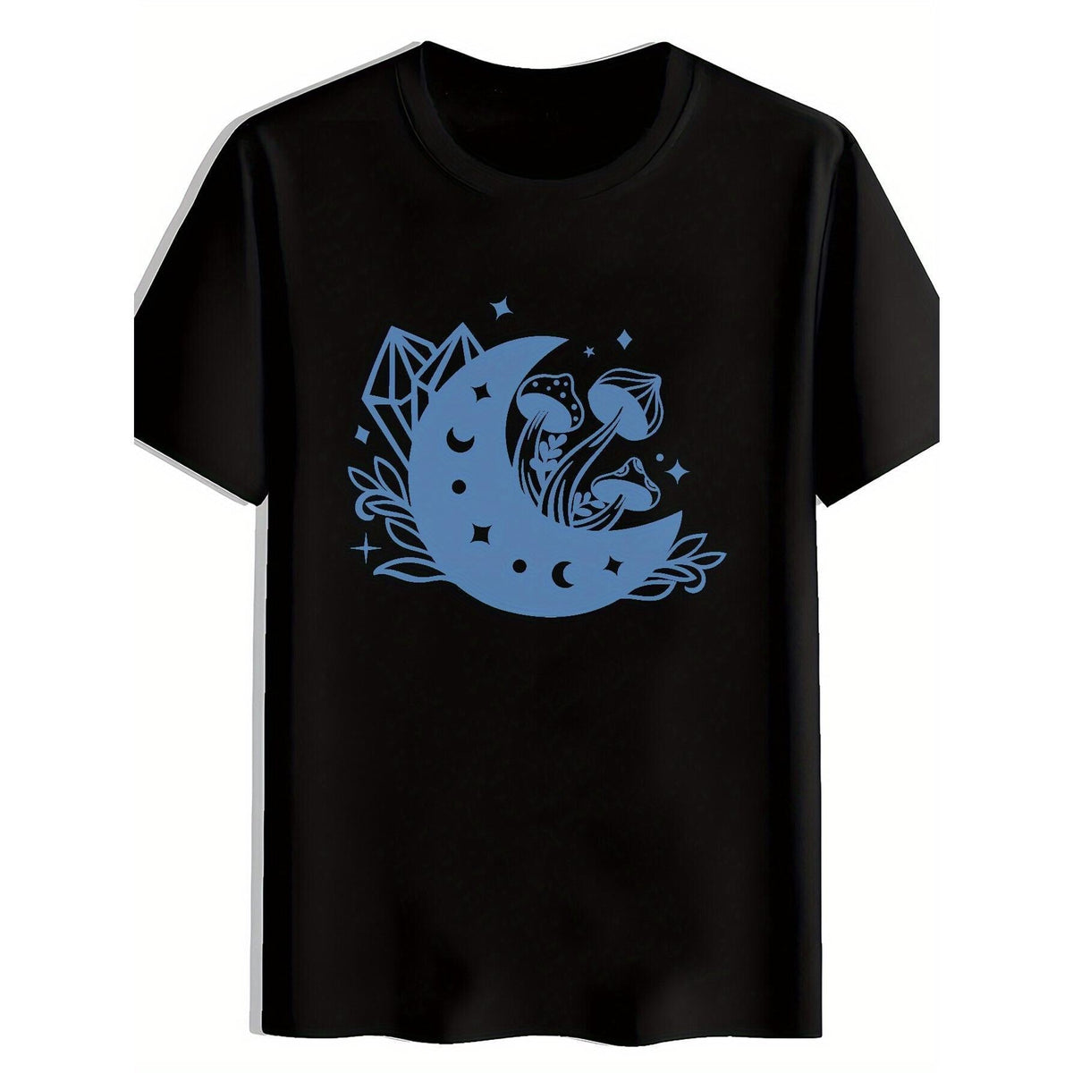 Men'S Whimsical Moon and Mushroom Graphic T-Shirt - Short Sleeve Round Neck, Featuring Light Blue Crescent Moon, Stars, Stylized Mushrooms & Geometric Crystal Design, Nature-Inspired Aesthetic, Perfect for Casual Wear & Outdoor Adventures