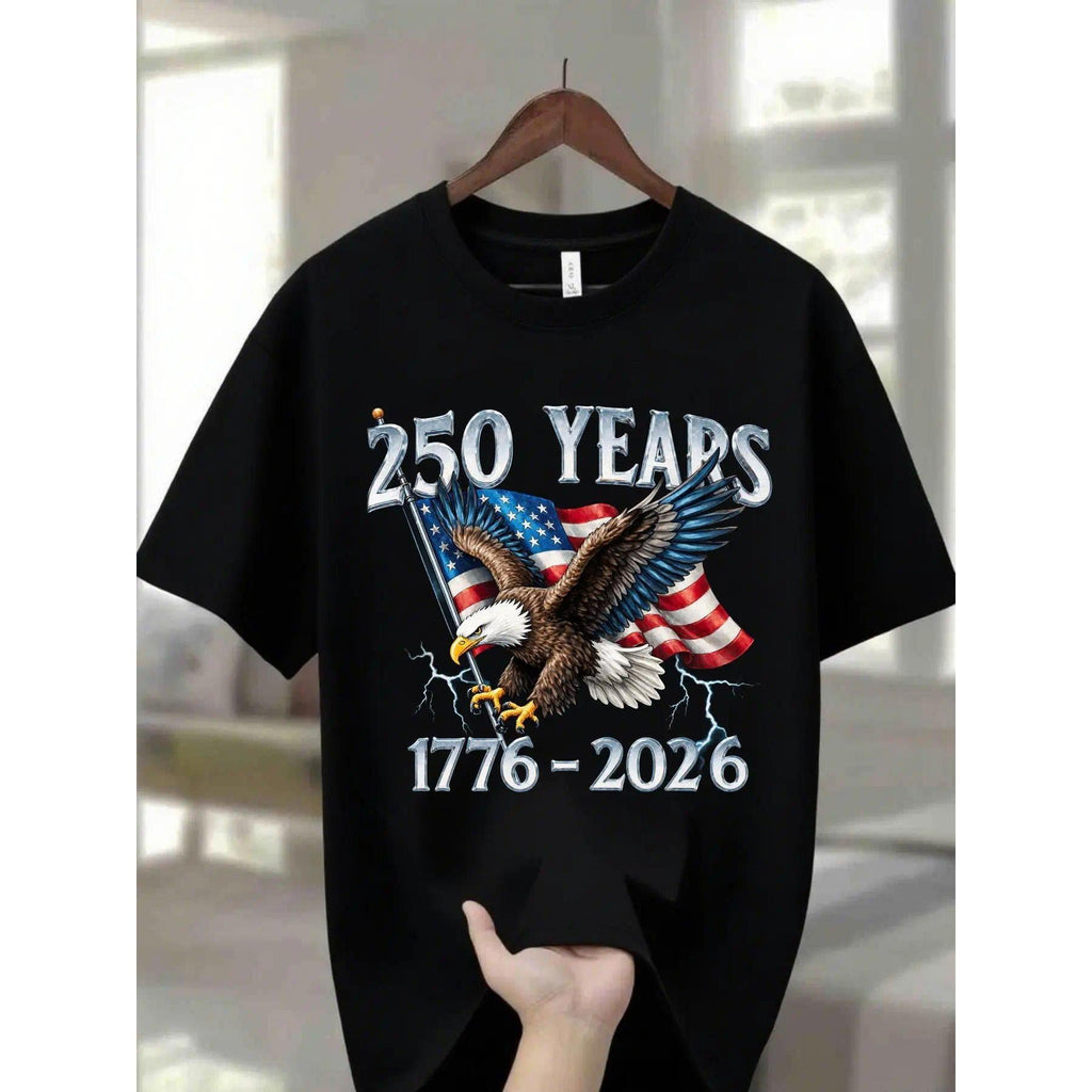 Men's 100% Cotton Shortsleeve Round Neck Tshirt - Ultra Soft Casual Streetwear Clothes, Eagle Graphic & 1776-2026 250-Year American Flag Design, Ideal for Everyday & Holiday Wear